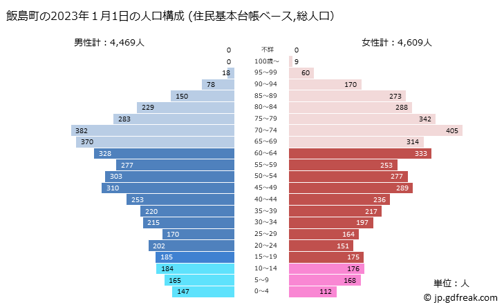 グラフ 飯島町(ｲｲｼﾞﾏﾏﾁ 長野県)の人口と世帯 2023年の人口ピラミッド（住民基本台帳ベース）