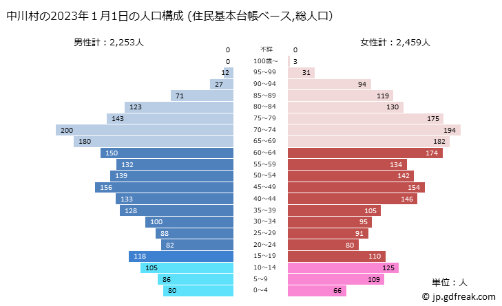 グラフ 中川村(ﾅｶｶﾞﾜﾑﾗ 長野県)の人口と世帯 2023年の人口ピラミッド（住民基本台帳ベース）