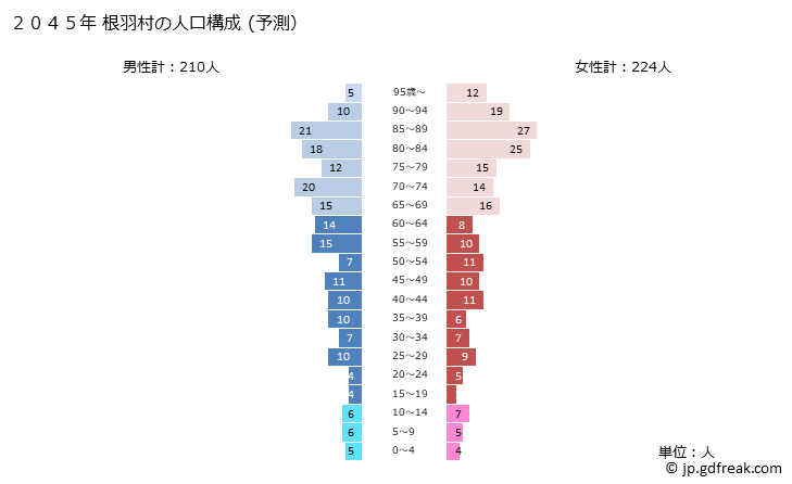 グラフ 根羽村(ﾈﾊﾞﾑﾗ 長野県)の人口と世帯 2045年の人口ピラミッド（予測）