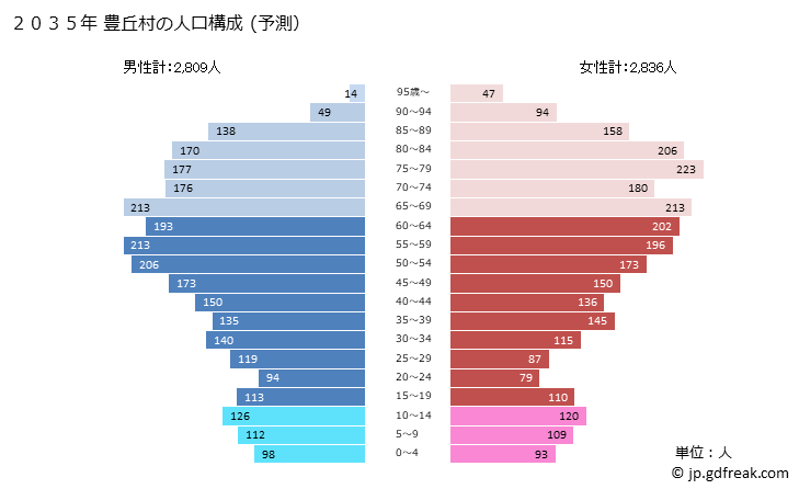 グラフ 豊丘村(ﾄﾖｵｶﾑﾗ 長野県)の人口と世帯 2035年の人口ピラミッド（予測）