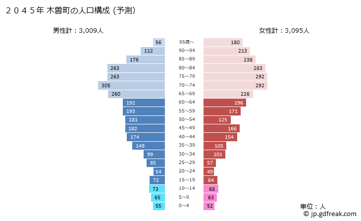 グラフ 木曽町(ｷｿﾏﾁ 長野県)の人口と世帯 2045年の人口ピラミッド（予測）