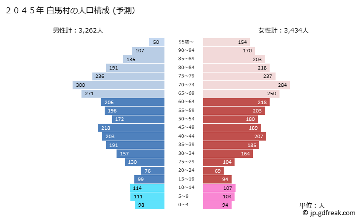 グラフ 白馬村(ﾊｸﾊﾞﾑﾗ 長野県)の人口と世帯 2045年の人口ピラミッド（予測）