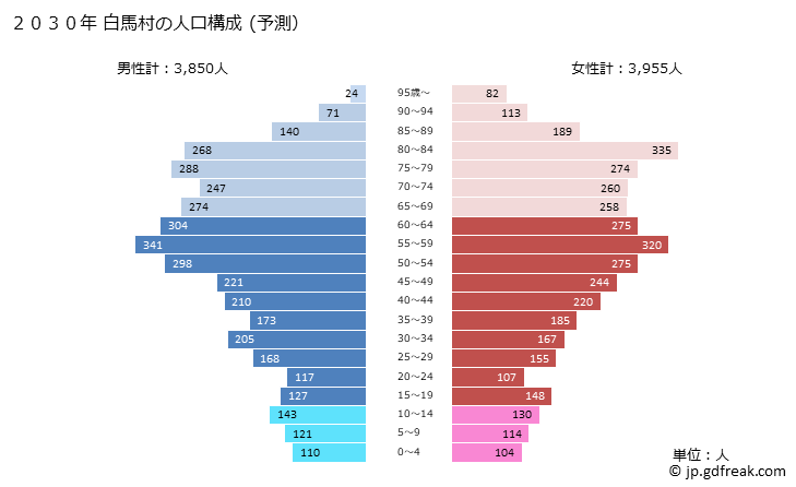 グラフ 白馬村(ﾊｸﾊﾞﾑﾗ 長野県)の人口と世帯 2030年の人口ピラミッド（予測）