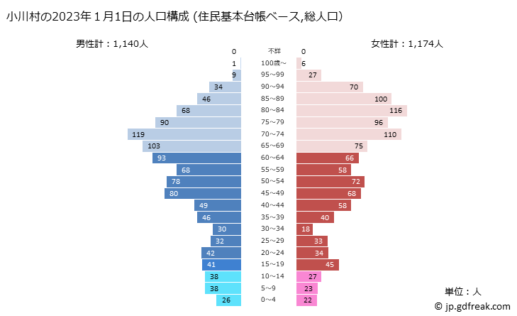 グラフ 小川村(ｵｶﾞﾜﾑﾗ 長野県)の人口と世帯 2023年の人口ピラミッド（住民基本台帳ベース）
