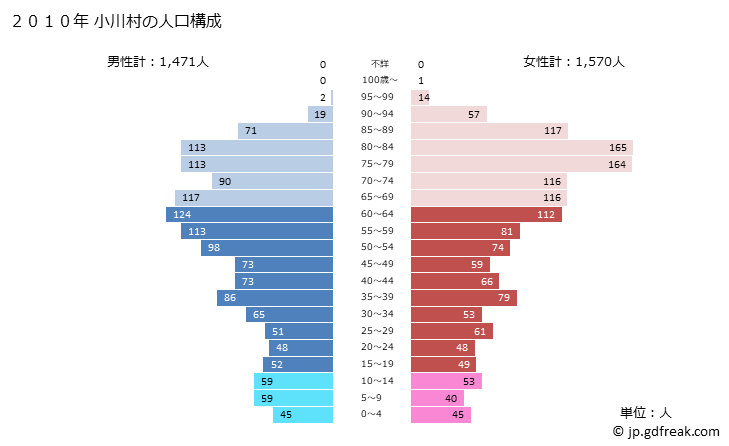 グラフ 小川村(ｵｶﾞﾜﾑﾗ 長野県)の人口と世帯 2010年の人口ピラミッド
