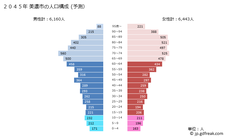 グラフ 美濃市(ﾐﾉｼ 岐阜県)の人口と世帯 2045年の人口ピラミッド（予測）