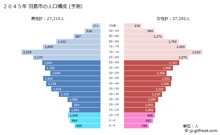 グラフ 羽島市(ﾊｼﾏｼ 岐阜県)の人口と世帯 2045年の人口ピラミッド（予測）