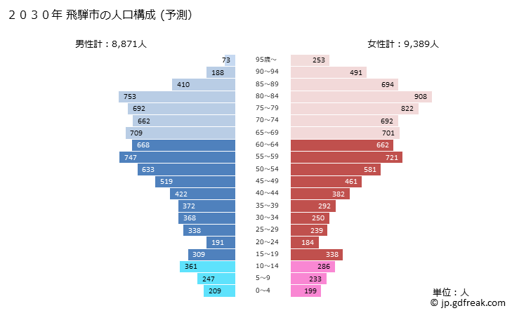 グラフ 飛騨市(ﾋﾀﾞｼ 岐阜県)の人口と世帯 2030年の人口ピラミッド（予測）