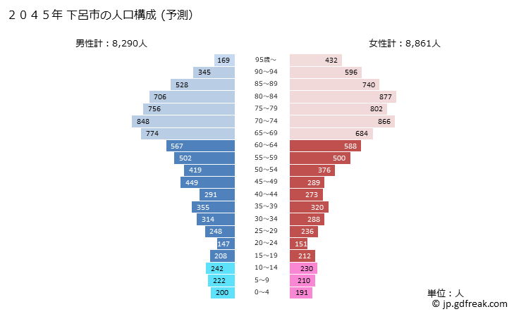 グラフ 下呂市(ｹﾞﾛｼ 岐阜県)の人口と世帯 2045年の人口ピラミッド（予測）
