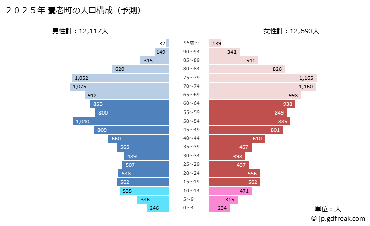グラフ 養老町(ﾖｳﾛｳﾁｮｳ 岐阜県)の人口と世帯 2025年の人口ピラミッド