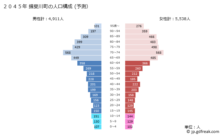グラフ 揖斐川町(ｲﾋﾞｶﾞﾜﾁｮｳ 岐阜県)の人口と世帯 2045年の人口ピラミッド（予測）