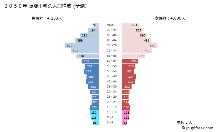 グラフ 揖斐川町(ｲﾋﾞｶﾞﾜﾁｮｳ 岐阜県)の人口と世帯 2050年の人口ピラミッド（予測）