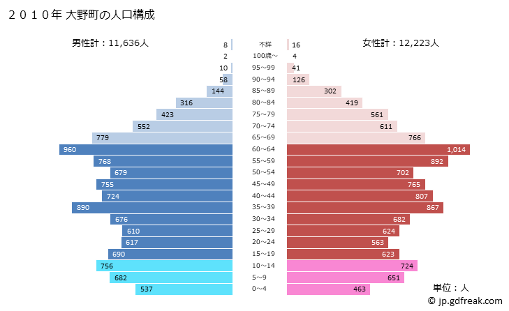グラフ 大野町(ｵｵﾉﾁｮｳ 岐阜県)の人口と世帯 2010年の人口ピラミッド