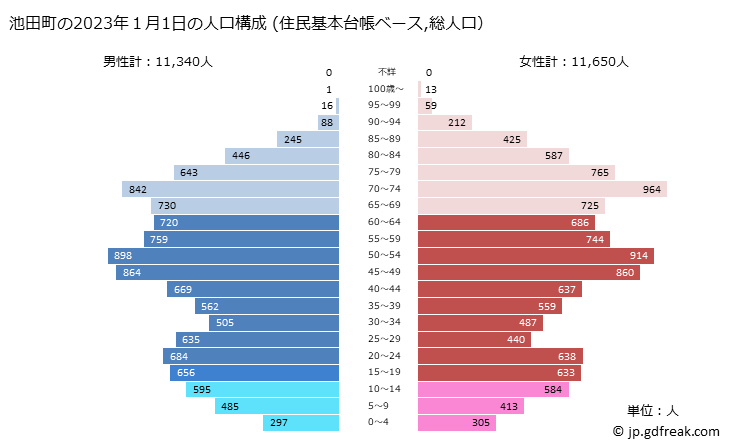 グラフ 池田町(ｲｹﾀﾞﾁｮｳ 岐阜県)の人口と世帯 2023年の人口ピラミッド（住民基本台帳ベース）