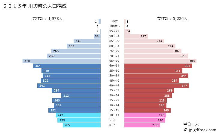グラフ 川辺町(ｶﾜﾍﾞﾁｮｳ 岐阜県)の人口と世帯 2015年の人口ピラミッド