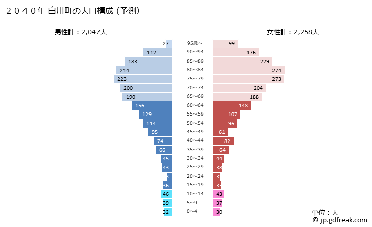 グラフ 白川町(ｼﾗｶﾜﾁｮｳ 岐阜県)の人口と世帯 2040年の人口ピラミッド（予測）
