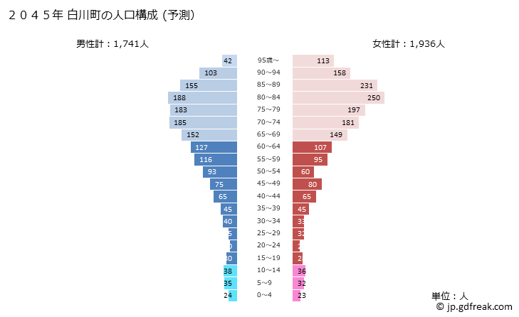 グラフ 白川町(ｼﾗｶﾜﾁｮｳ 岐阜県)の人口と世帯 2045年の人口ピラミッド（予測）