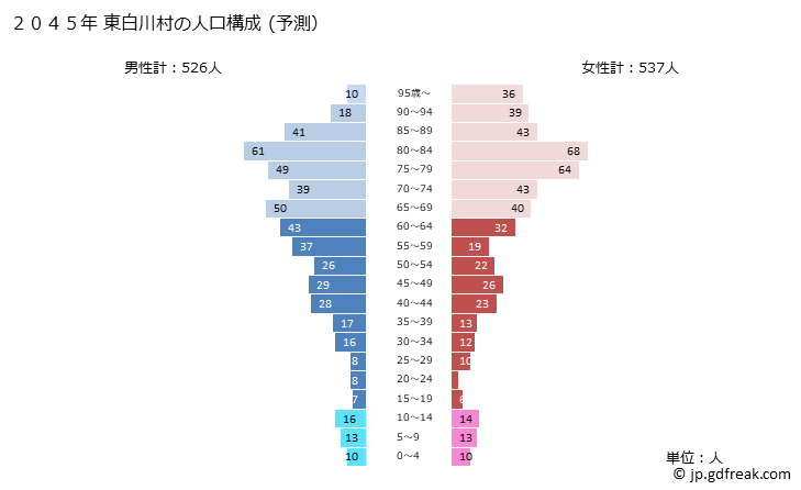 グラフ 東白川村(ﾋｶﾞｼｼﾗｶﾜﾑﾗ 岐阜県)の人口と世帯 2045年の人口ピラミッド（予測）