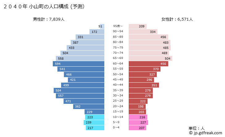 グラフ 小山町(ｵﾔﾏﾁｮｳ 静岡県)の人口と世帯 2040年の人口ピラミッド（予測）