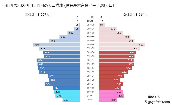 グラフ 小山町(ｵﾔﾏﾁｮｳ 静岡県)の人口と世帯 2023年の人口ピラミッド（住民基本台帳ベース）