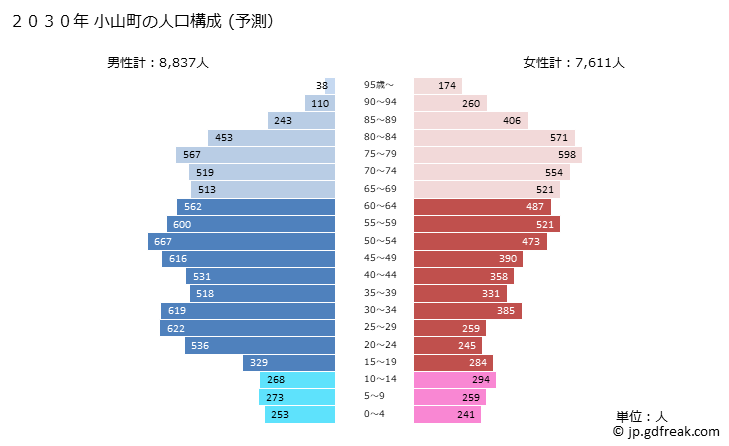 グラフ 小山町(ｵﾔﾏﾁｮｳ 静岡県)の人口と世帯 2030年の人口ピラミッド（予測）
