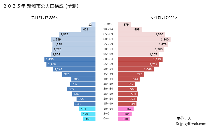 グラフ 新城市(ｼﾝｼﾛｼ 愛知県)の人口と世帯 2035年の人口ピラミッド（予測）
