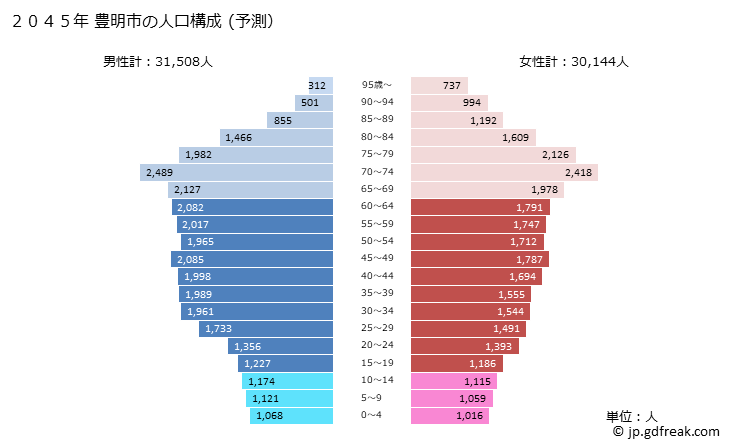グラフ 豊明市(ﾄﾖｱｹｼ 愛知県)の人口と世帯 2045年の人口ピラミッド（予測）