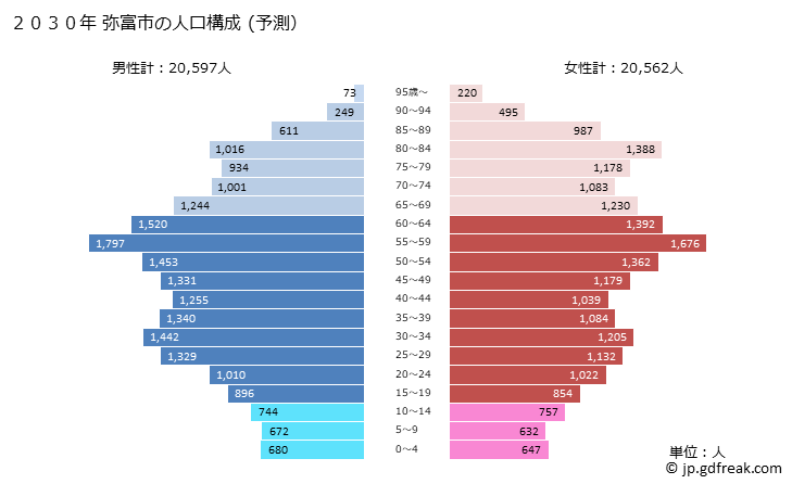 グラフ 弥富市(ﾔﾄﾐｼ 愛知県)の人口と世帯 2030年の人口ピラミッド（予測）