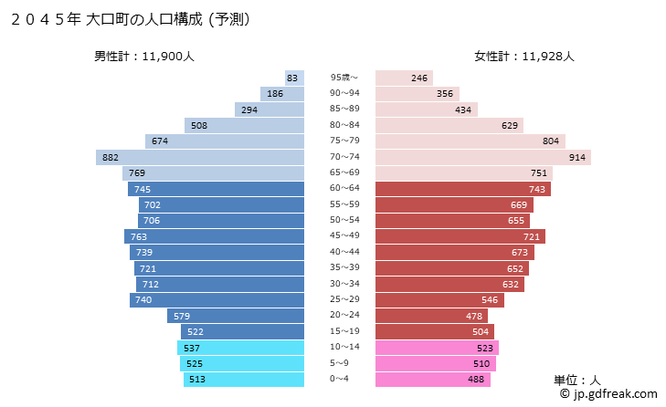 グラフ 大口町(ｵｵｸﾞﾁﾁｮｳ 愛知県)の人口と世帯 2045年の人口ピラミッド（予測）