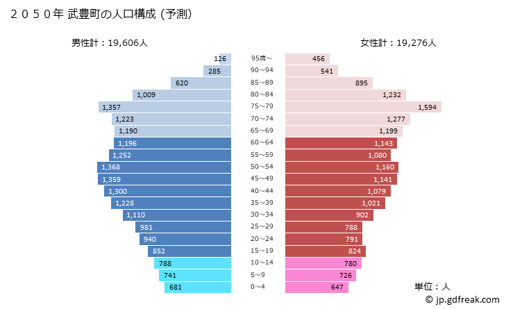 グラフ 武豊町(ﾀｹﾄﾖﾁｮｳ 愛知県)の人口と世帯 2050年の人口ピラミッド（予測）