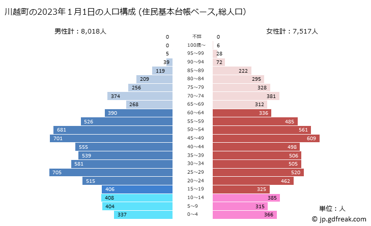 グラフ 川越町(ｶﾜｺﾞｴﾁｮｳ 三重県)の人口と世帯 2023年の人口ピラミッド（住民基本台帳ベース）
