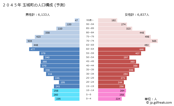 グラフ 玉城町(ﾀﾏｷﾁｮｳ 三重県)の人口と世帯 2045年の人口ピラミッド（予測）