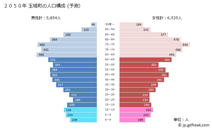 グラフ 玉城町(ﾀﾏｷﾁｮｳ 三重県)の人口と世帯 2050年の人口ピラミッド（予測）
