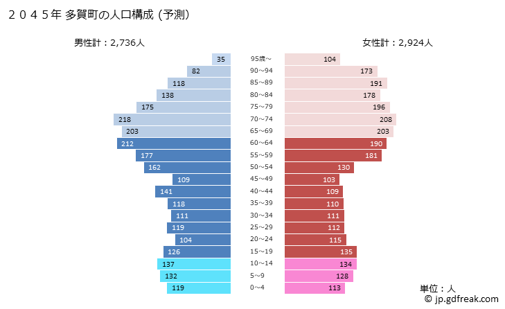 グラフ 多賀町(ﾀｶﾞﾁｮｳ 滋賀県)の人口と世帯 2045年の人口ピラミッド（予測）