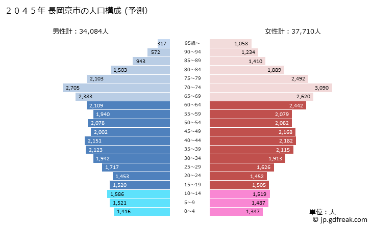グラフ 長岡京市(ﾅｶﾞｵｶｷｮｳｼ 京都府)の人口と世帯 2045年の人口ピラミッド（予測）