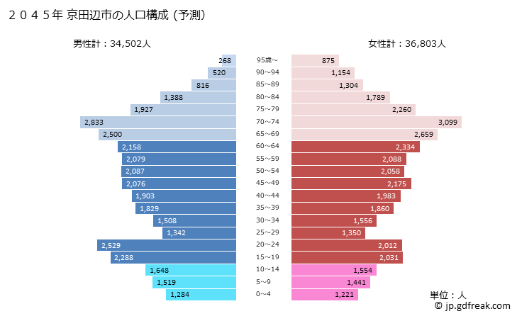 グラフ 京田辺市(ｷｮｳﾀﾅﾍﾞｼ 京都府)の人口と世帯 2045年の人口ピラミッド（予測）