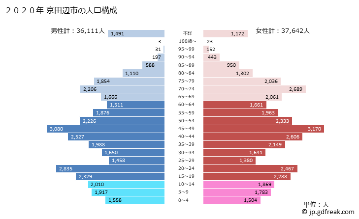 グラフ 京田辺市(ｷｮｳﾀﾅﾍﾞｼ 京都府)の人口と世帯 2020年の人口ピラミッド