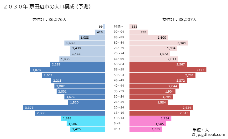 グラフ 京田辺市(ｷｮｳﾀﾅﾍﾞｼ 京都府)の人口と世帯 2030年の人口ピラミッド（予測）
