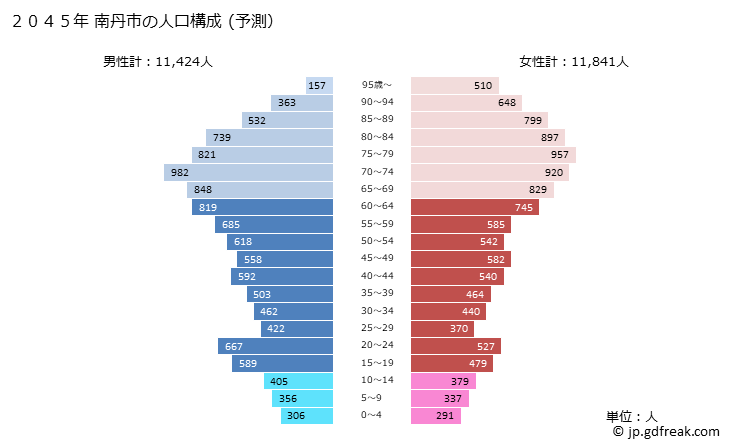 グラフ 南丹市(ﾅﾝﾀﾝｼ 京都府)の人口と世帯 2045年の人口ピラミッド（予測）
