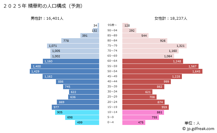 グラフ 精華町(ｾｲｶﾁｮｳ 京都府)の人口と世帯 2025年の人口ピラミッド