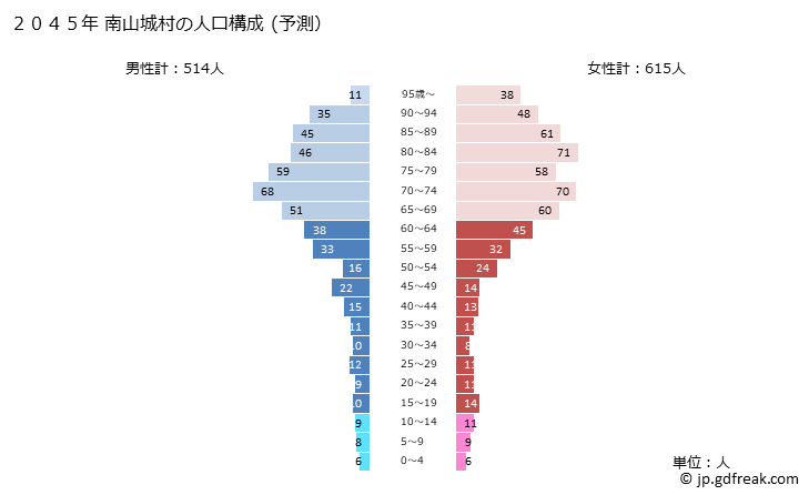 グラフ 南山城村(ﾐﾅﾐﾔﾏｼﾛﾑﾗ 京都府)の人口と世帯 2045年の人口ピラミッド（予測）