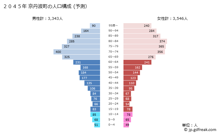 グラフ 京丹波町(ｷｮｳﾀﾝﾊﾞﾁｮｳ 京都府)の人口と世帯 2045年の人口ピラミッド（予測）