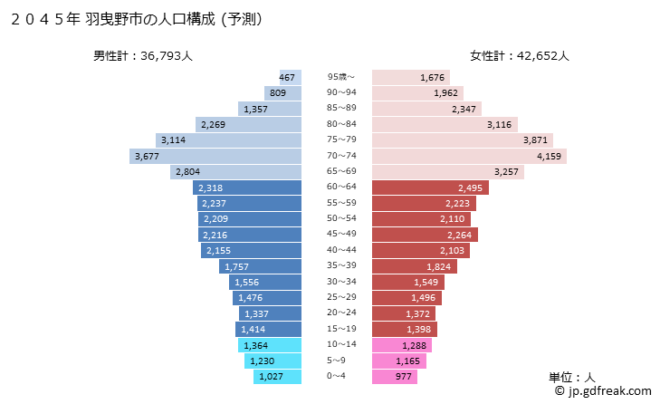 グラフ 羽曳野市(ﾊﾋﾞｷﾉｼ 大阪府)の人口と世帯 2045年の人口ピラミッド（予測）