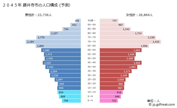 グラフ 藤井寺市(ﾌｼﾞｲﾃﾞﾗｼ 大阪府)の人口と世帯 2045年の人口ピラミッド（予測）
