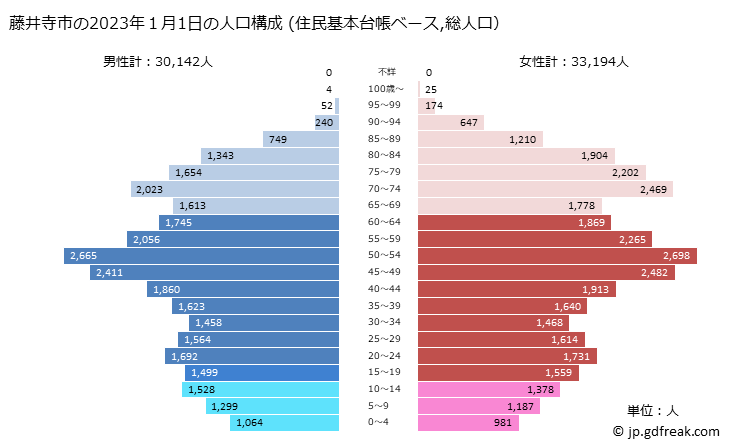 グラフ 藤井寺市(ﾌｼﾞｲﾃﾞﾗｼ 大阪府)の人口と世帯 2023年の人口ピラミッド（住民基本台帳ベース）