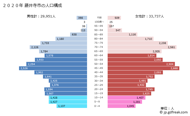 グラフ 藤井寺市(ﾌｼﾞｲﾃﾞﾗｼ 大阪府)の人口と世帯 2020年の人口ピラミッド
