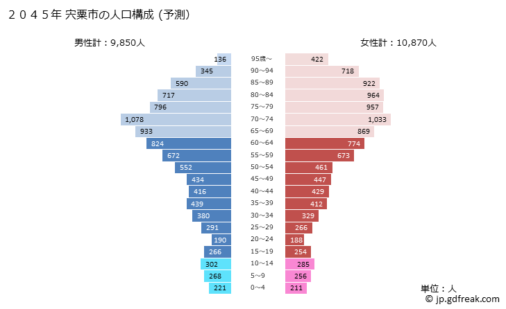 グラフ 宍粟市(ｼｿｳｼ 兵庫県)の人口と世帯 2045年の人口ピラミッド（予測）