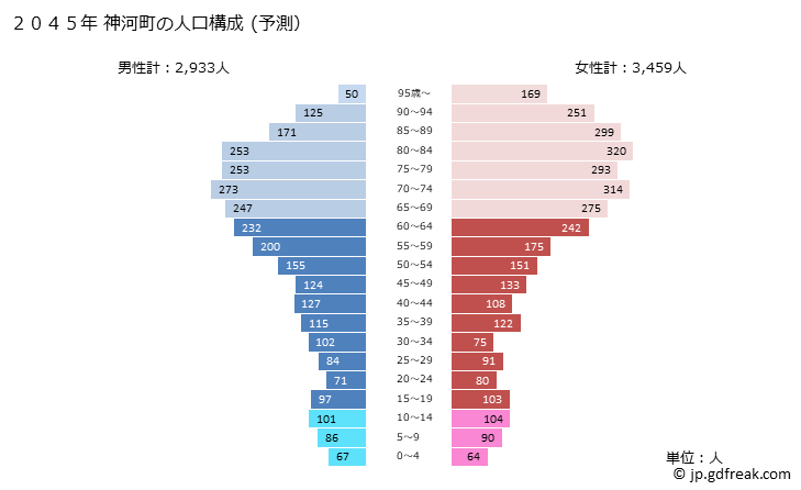 グラフ 神河町(ｶﾐｶﾜﾁｮｳ 兵庫県)の人口と世帯 2045年の人口ピラミッド（予測）