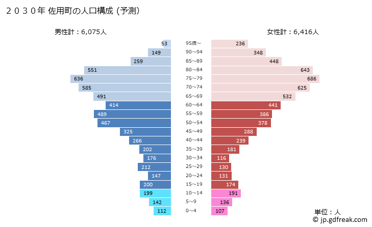 グラフ 佐用町(ｻﾖｳﾁｮｳ 兵庫県)の人口と世帯 2030年の人口ピラミッド（予測）