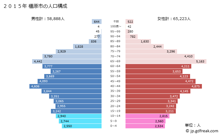 グラフ 橿原市(ｶｼﾊﾗｼ 奈良県)の人口と世帯 2015年の人口ピラミッド